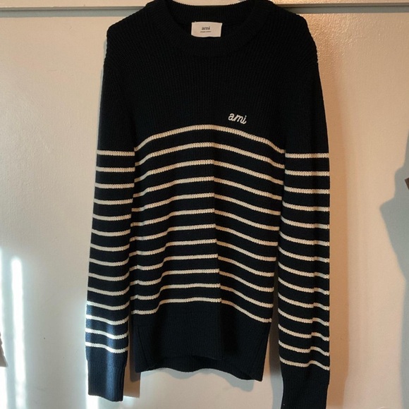 Ami Paris Alexandre Mattiussi Navy and White Striped Sweater